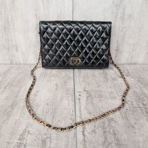 Vintage Eel Skin Black and Gold Tone Quilted Crossbody Purse